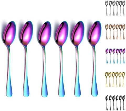 Rainbow Dinner Spoons, Kyraton 6 Pieces 7.5" Stainless Steel Table Spoon With Titanium Colorful Plating, Rainbow Soup Spoons, Dessert Spoons Sliverware Dishwasher Safe Set of 6 by Kyraton