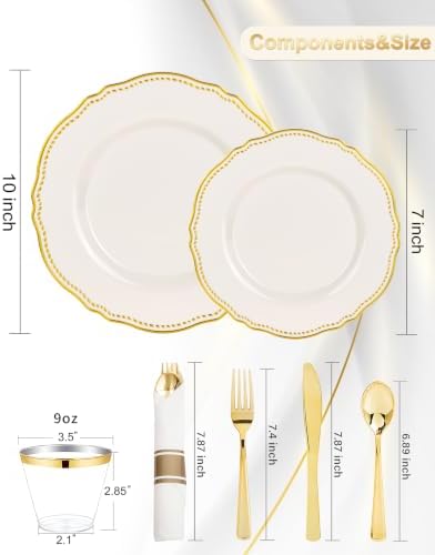 Hioasis 175 Pcs Ivory Gold Plastic Plates Wedding & Party - Image 2