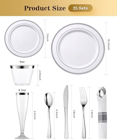 Goodluck 200 PCS Silver Dinnerware Set, Party Plastic Plates for 25 Guests - Image 2