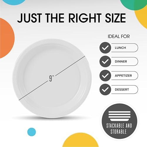 Exquisite Party Solids Sturdy White Plastic Plates 9" Party Plates 50 Pcs - Image 3