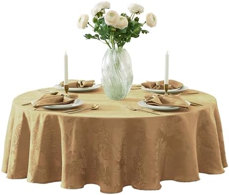 Newbridge Barcelona Damask Fabric Tablecloth, 70 Inch Round, Gold – No Iron, Soil Resistant Table Cover for Dining, Parties and Holidays by HomeBargainsPlus