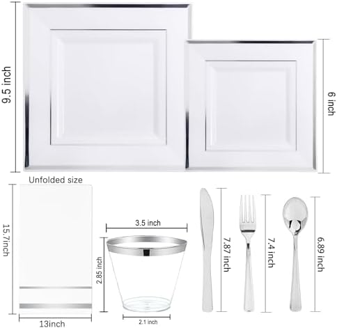 Festiva 350Pcs Silver Plates - Silver Square Plastic Plates 9 .5" and 6" - serve for 50 guests include 50 Cups 50Plastic Cutlery 50Hand Napkins Perfect for Party&Wedding&Birthday - Image 2