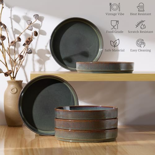 E-far Pasta Bowls Set of 6, 35oz Large Salad Bowl Plate for Dinner Serving, Wide & Shallow Ceramic Stoneware Pasta Plates, Microwave & Dishwasher Safe, Reactive Glaze Textured Stripes, Blackish Green - Image 6