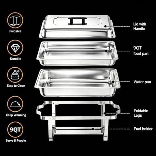 Chafing Dish Buffet Set 4 Packs,9 Quart Stainless Steel Foldable Rectangular Chafing Full Size Food Pan,Chafing Servers With Covers buffet servers and food warmers for parties wedding outdoor banquet - Image 2