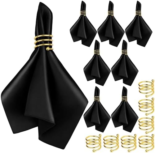 MCEAST Satin Cloth Napkins and Napkin Rings Set of 8, Smooth Fabric Table Napkins and Napkin Holder for Wedding, Birthday Dinner Party, Family Gatherings, Table Decor (Black, 17 x 17 Inches) by MCEAST