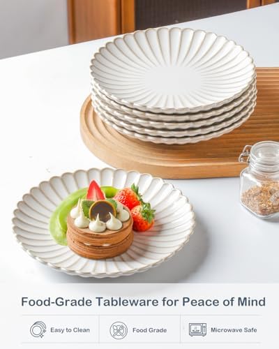 Ceramic 8 inch Salad Plates, Set of 6, Microwave & Dishwasher Safe, Vintage Farmhouse Small Dinner, Dessert Plates for Kitchen , Cake Serving Stoneware Dishes Housewarming Gift (8 inch, Petal) - Image 4