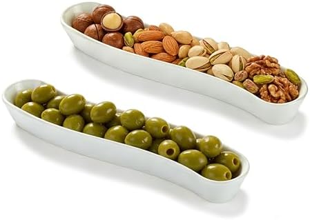 2 Pack Olive Trays, 12 inch Ceramic Olive Dish for Appetizers Crackers Nut and Snacks, Unique Styling and Elegant Design for Charcuterie in Entertaining Party and Daily Use, Dishwasher Safe by COKUMA