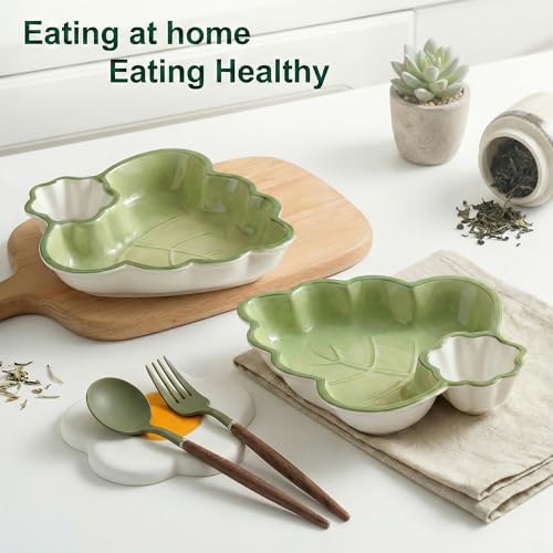 Leaf Shaped Ceramic Serving Platter Set of 2, Divided Snack & Appetizer Dish for Chip and Dip, Sauces, Fries, Tapas, Fruit and Dessert - Image 4