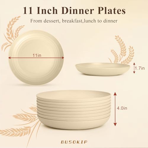 Large Dinner Plates Set for 8, Wheat Straw Plate 11 Inch, Unbreakable & Lightweight Serving Plates, Microwave & Dishwasher Safe Big Plate for Restaurant, Camping, Kitchen - Beige - Image 2