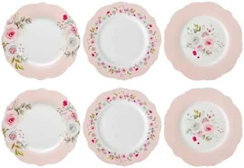 8.25" Floral Porcelain Dessert Plates Set of 6, Pink Rose by PRECITIME