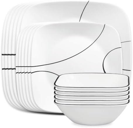 Corelle 18-Piece Service for 6 Dinnerware Set Triple Layer Glass and Chip Resistant, Lightweight Square Plates and Bowls Set, Simple Lines by Corelle