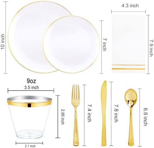 Festiva 350Pcs Gold Plastic Plates - White and Gold Dinnerware Set Disposable include 10" & 7" Plates,Cups,Silverware,Napkins -serve 50 Guests Perfect for Wedding& Easter&Birthday Party - Image 3