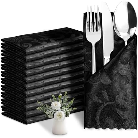 24 Pack Black Damask Satin Napkins 17 x 17 Inch by Eychei