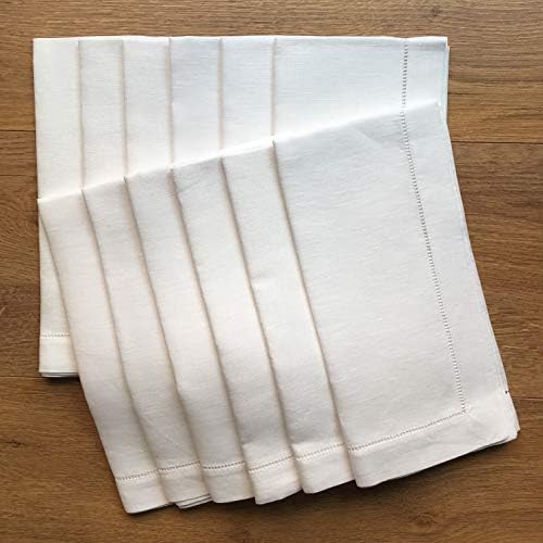 White Linen Hem Stitch Dinner Napkins - Set of 12 20"x20"-Ladder Hem Stitch 100% Linen Cloth Napkins-Super Value Bulk 12 Pack by MinhcraftLinens