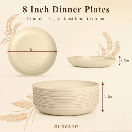 Kitchen Plates Set of 8, Plastic Plates Reusable 8 Inch - Beige - Image 2