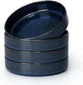 E-far Pasta Bowls Set of 4, 35oz Large Salad Bowl Plate for Dinner Serving, Wide & Shallow Ceramic Stoneware Pasta Plates, Microwave & Dishwasher Safe, Reactive Glaze Textured Stripes, Dark Blue by E-far
