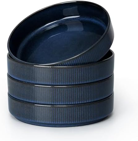 E-far Pasta Bowls Set of 4, 35oz Large Salad Bowl Plate for Dinner Serving, Wide & Shallow Ceramic Stoneware Pasta Plates, Microwave & Dishwasher Safe, Reactive Glaze Textured Stripes, Dark Blue by E-far
