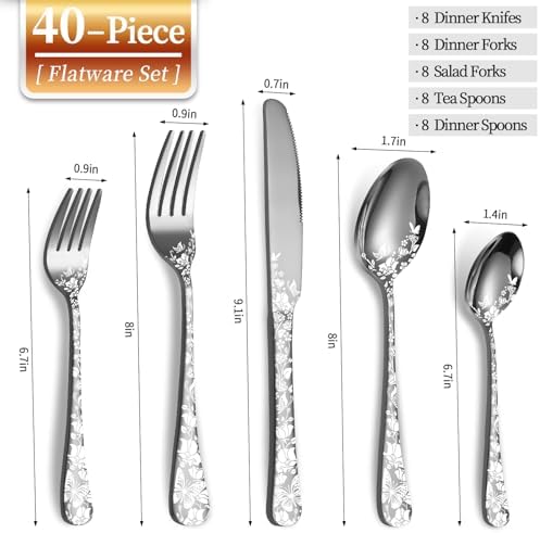 40 Piece Silverware Set, Stainless Steel Flatware Cutlery Set Service for 8, Mirror Polished Tableware Eating Utensils Set for Home Kitchen, Include Knife Fork Spoon Set, Dishwasher Safe - Image 2