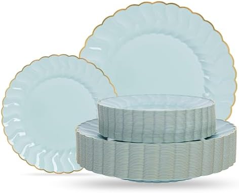 Lullaby 60PCS Sage Green Scalloped Plastic Plates with Gold Rim for Party by LULLABY