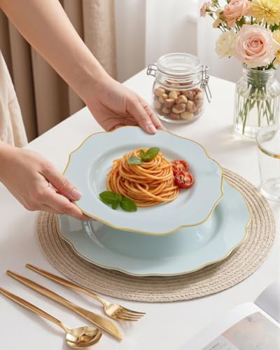 bUCLA 180PCS Green Plastic Plates - Disposable Sage Green with Gold Rim - Include 30 (Dinner & Dessert) Plates, 30 Knives, 30 Forks, 30 Spoons and 30 Cups for Party, Spring & Shower - Image 6