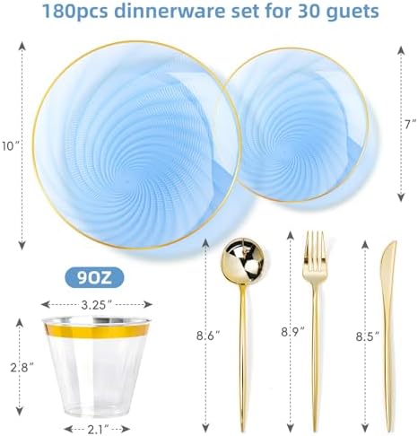 N9R 180PCS Blue and Gold Plastic Plates Disposable, Spiral Dinnerware Set - Image 2