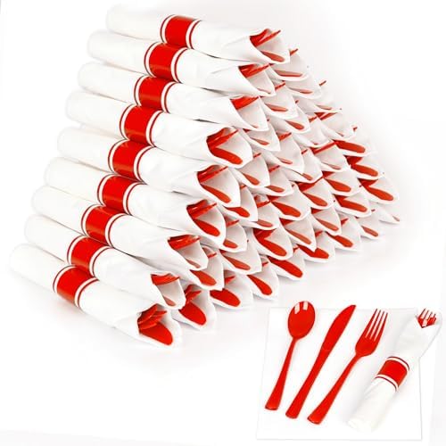 50 Pack Pre Rolled Red Plastic Silverware Set with Napkin by Dlebay