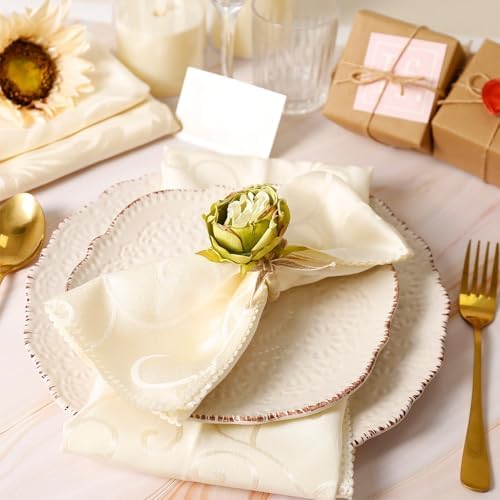 Handcraft Green Flower Napkin Rings Set of 8, Peony Napkin Holder Floral Rings With Jute Bow Buckles for Summer, Wedding, Banquet, Birthday, Christmas, Valentine's, Thanksgiving Table Decoration - Image 3