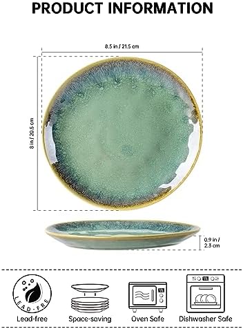 Henten Home Ceramic Dessert Plates, 8.5 Inch Salad Plate Set of 4, Porcelain Snack Serving Dishes for Cake, Kitchen, Microwave & Dishwasher Safe, Reactive Glaze (Green) - Image 2