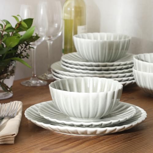 Gibson Elite Peach Orchard 12-Piece New Bone China Dinnerware Set Service for 4, Embossed Fluted Plates and Bowls, Dishwasher and Microwave Safe, Sage Green - Image 5