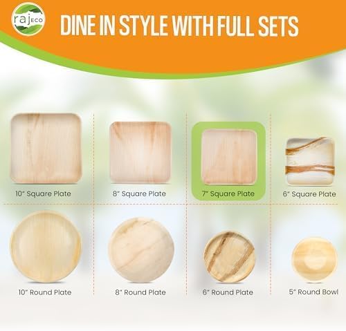 Raj Palm Leaf Plates [50-Pack] 7" Square Plates like Bamboo plates Disposable, Strong, Decorative Compostable Tableware for wedding, Lunch, Dinner, Birthday, Camping, Outdoor BBQ, Picnic