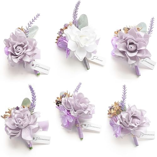 Floroom Set of 6 Purple Lilac Lavender Foam Rose Boutonnieres with Pins for Men Wedding for Groom Groomsmen Wedding Ceremonies Anniversaries Formal Dinners Parties Proms by Floroom