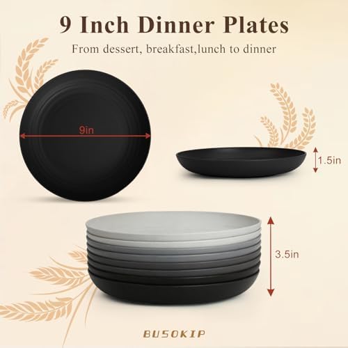 Salad Plates Set of 8, Wheat Straw Plates 9 Inch - BlackGrey - Image 2