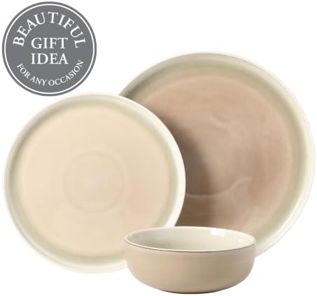 Gibson Elite Island Bay 12-Piece New Bone China Dinnerware Set Service for 4, Reactive Glaze Plates and Bowls, Dishwasher and Microwave Safe, Cream and Green - Image 4