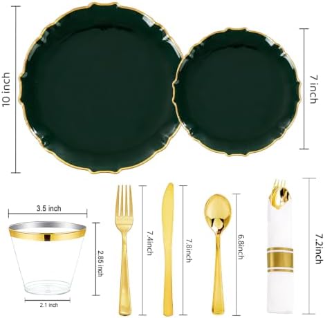 bUCLA 175PCS Green Plastic Plates - 25 Guests Gold Rim for Party, Wedding - Image 2