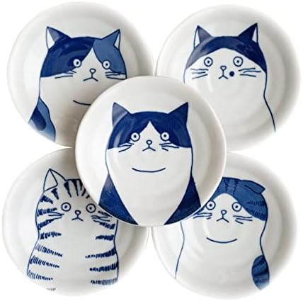 Dessert Sushi Soy Sauce Salad Ceramic Plates Cats Design Set of 5 Made in Japan 5 Cats 4.7in by LOVELOVEJAPAN