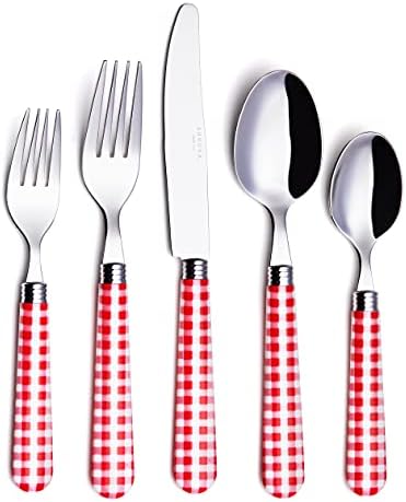 ANNOVA Stainless Steel Colorful Tableware Kitchen Flatware Set Utensils, Includes Dinner Knives, Forks, Spoons, Salad Forks & Dessert Spoons, Modern Rounded Shape (Red Checkered, 20 Pieces) by LivingNecessities