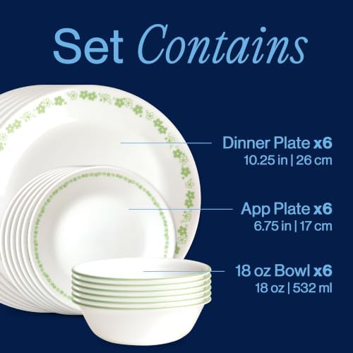 Corelle Vitrelle 18 Piece Glass Dinnerware Sets Service for 6, Triple Layer Chip & Crack Resistant Glass Plate and Bowl Sets, Spring Blossom Green - Image 3