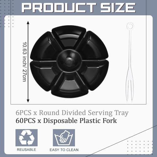 Zhehao 6 Pcs Plastic Divided Serving Trays with 60 Pcs Disposable Fork, 7 Compartments Round Chip Dip Plate, Petal Shape Platter, 10.6'' Snacks Serving Dish for Party Candy Nuts Fruits (Black) - Image 2
