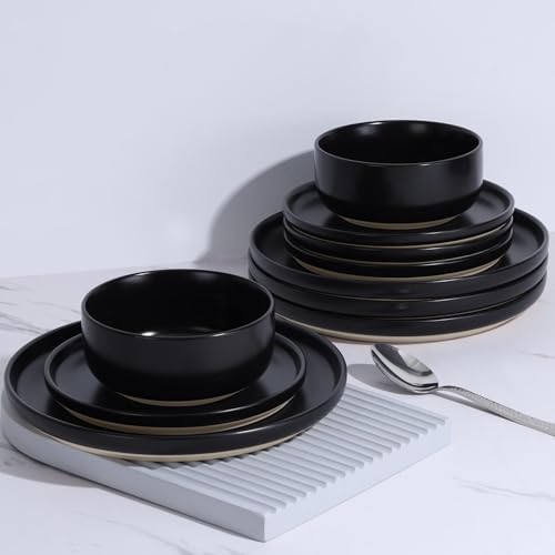 LIANYU Plates and Bowls Sets for 8, 24 Piece Stoneware Dinnerware Set, Porcelain Dishware for Kitchen and Dining, Microwave Oven Dishwasher Safe, High temperature & Scratch Resistant, Matte Black - Image 6