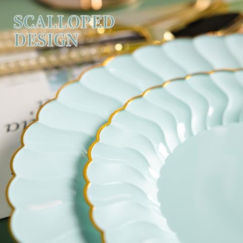 Lullaby 60PCS Sage Green Scalloped Plastic Plates with Gold Rim for Party - Image 3