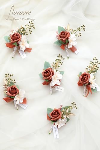Floroom Set of 6 Burnt Orange Terracotta Foam Rose Boutonnieres with Pins for Men Wedding for Groom Groomsmen Wedding Ceremonies Anniversaries Formal Dinners Parties Proms - Image 2