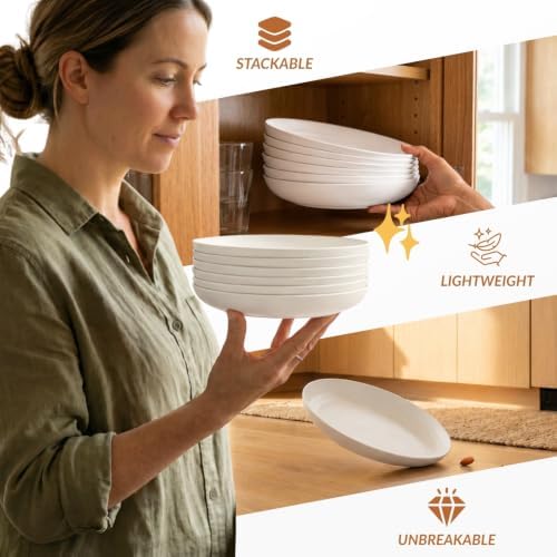 Homienly Unbeakable Deep Plates Wheat Straw Dessert Plates Set of 6 Lightweight 8 inch Kids Plate Set for Camping, Party, Microwave and Dishwasher Safe Plastic Plates for Bread & Butter, Snack (White) - Image 5