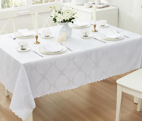 Newbridge Ribbons and Bows Damask Fabric Tablecloth, White, 60 x 120 Inch Rectangle, Wrinkle & Stain Resistant Table Cover - Image 5