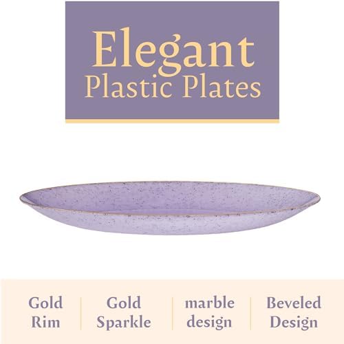 PLASTICPRO 128 Pack Elegant Disposable Plastic Plates Combo Set Bulk Pack Includes 64 Dinner Plates and 64 Salad Plates Heavy Duty Fancy Party Plates Purple Granite Plates with Gold rim - Image 6