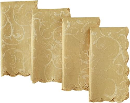 Newbridge Portofino Scalloped Damask Fabric Napkins, Set of 4, Gold, Wrinkle and Stain Resistant Fine Dining Holiday Party Fabric Napkin Set - Image 2