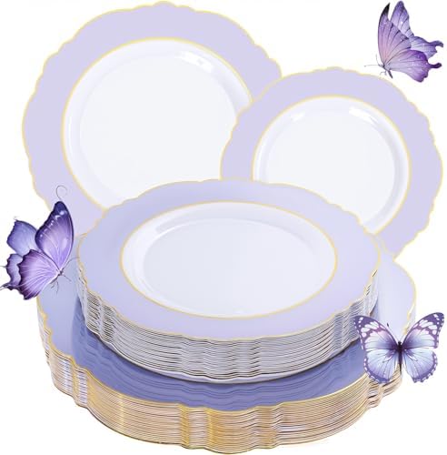 WDF 60pcs Purple Plates with Gold Rim - Baroque Light Purple Plastic Plates by WDF