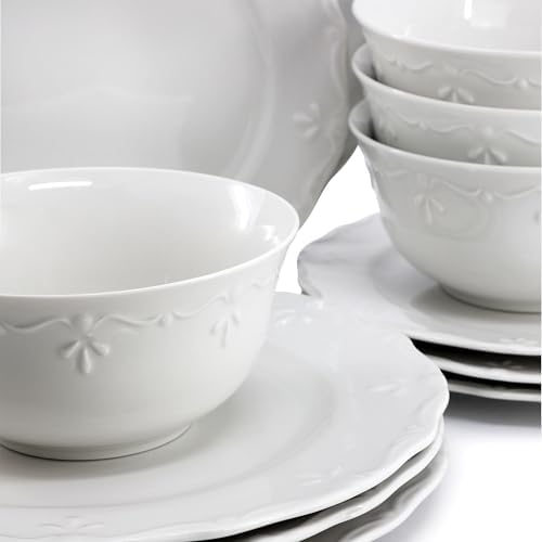 Elama Henryi 18 Piece Embossed Rim Detail Porcelain White Dinnerware Set, Tableware Set, Serveware (18 Piece) - Image 5