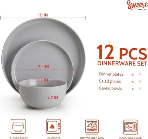Sweese Dinnerware Sets Service for 4, 12 pcs Matte Speckled Glaze Plates and Bowls Sets, Handmade Ceramic Dish Set, Highly Chip and Crack Resistant Modern Plate Set, Grey - Image 2