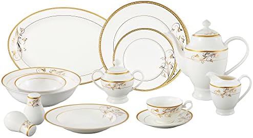 Lorren Home Trends La Luna Bone China 57-Piece 24K Gold Floral Design Dinnerware Set, Service for 8 by LorrenHomeTrends