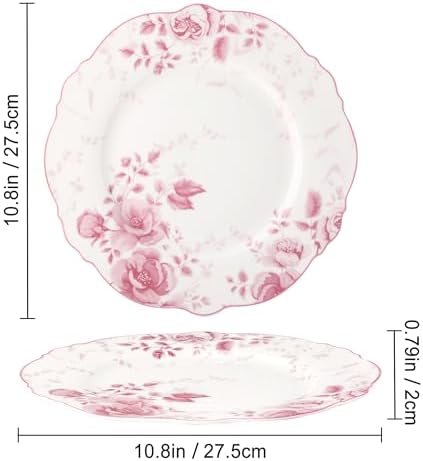 fanquare 10.5 Inch Large Round Pink Floral Porcelain Dinner Plate Sets of 4 - Image 6